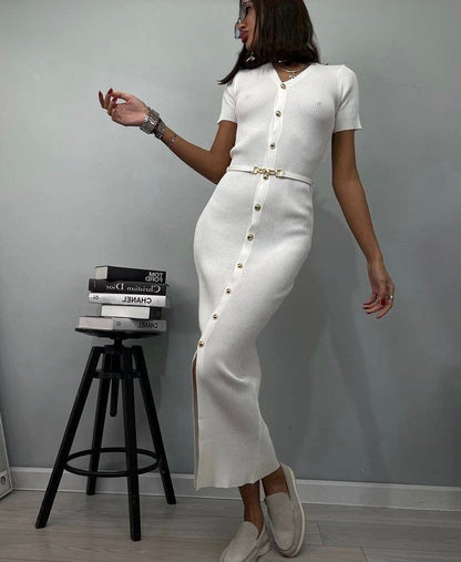 autumn knit dress, ribbed autumn midi dress, ribbed midi dress fall, cozy A-line knit midi dress, dress with slit, button down midi dress, knit bodycon dress, belted midi dress.