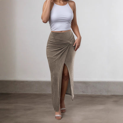 Elegant ruched maxi skirt with slit, knot-front detail, perfect women’s capsule wardrobe piece for vacation outfits and rooftop drinks.