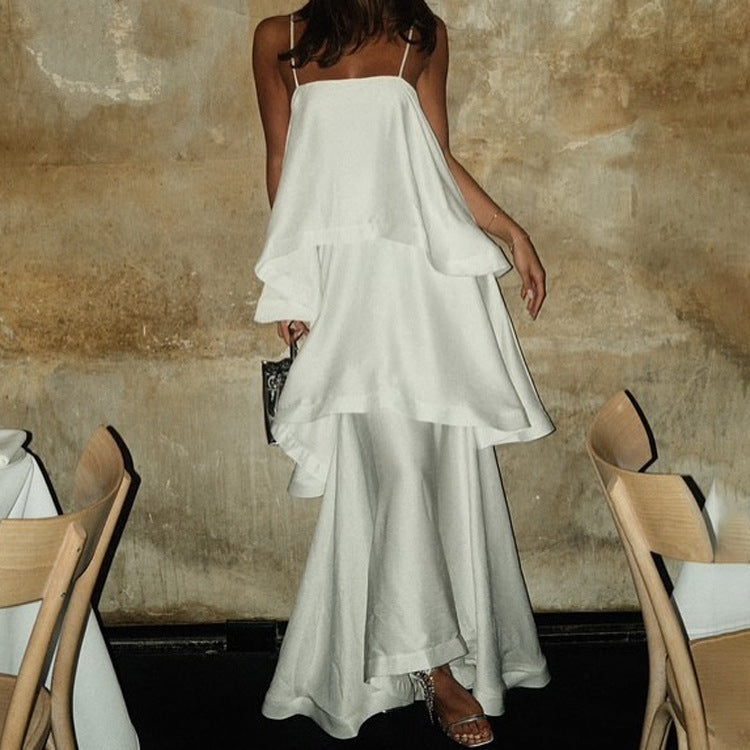 white tiered maxi dress, ruffle tiered maxi dress, vacation long maxi dress, women’s summer dress, tiered maxi dress, noodle strap dress, date night dress, summer cami dress, sleeveless beach wedding guest dress, elegant casual white dress with noodle straps. 