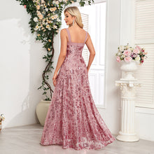 Load image into Gallery viewer, Sequin maxi party dress, pink sequin dress, Sequin gown, pink sparkly dress, floral maxi dress, prom dress, High slit maxi sequin dress, Glitter dress, sparkly dresses, maxi party dress with high slit, sequin dress for tall, sequin dress with slit, cocktail party dress, tulle prom dress, mesh dress, A-line Sequined Floral Tulle Dress.