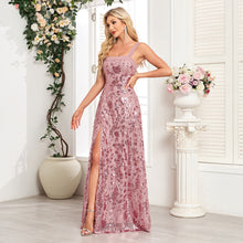 Load image into Gallery viewer, Sequin maxi party dress, pink sequin dress, Sequin gown, pink sparkly dress, floral maxi dress, prom dress, High slit maxi sequin dress, Glitter dress, sparkly dresses, Sequin mesh gown, tulle dress, Sequin Party dress, pink maxi party dress, cocktail dresses, wedding guest dress, pink sequin dress with high slit, maxi party dress with high slit, sequin dress for tall, sequin dress with slit, cocktail party dress, tulle prom dress, mesh dress, A-line Sequined Floral Tulle Dress.