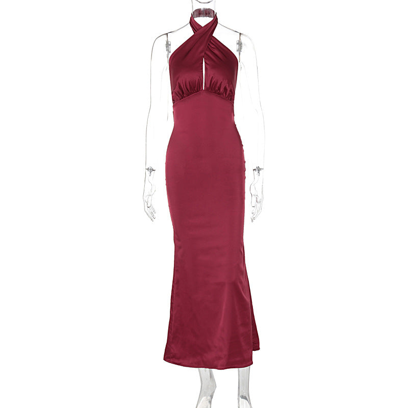 Brittany Cross Halter Satin Bodycon Maxi Dress – Elegant Evening Gown | Sculpted satin Evening Party dress