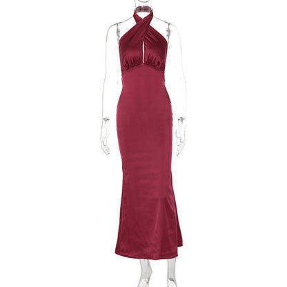 Brittany Cross Halter Satin Bodycon Maxi Dress – Elegant Evening Gown | Sculpted satin Evening Party dress
