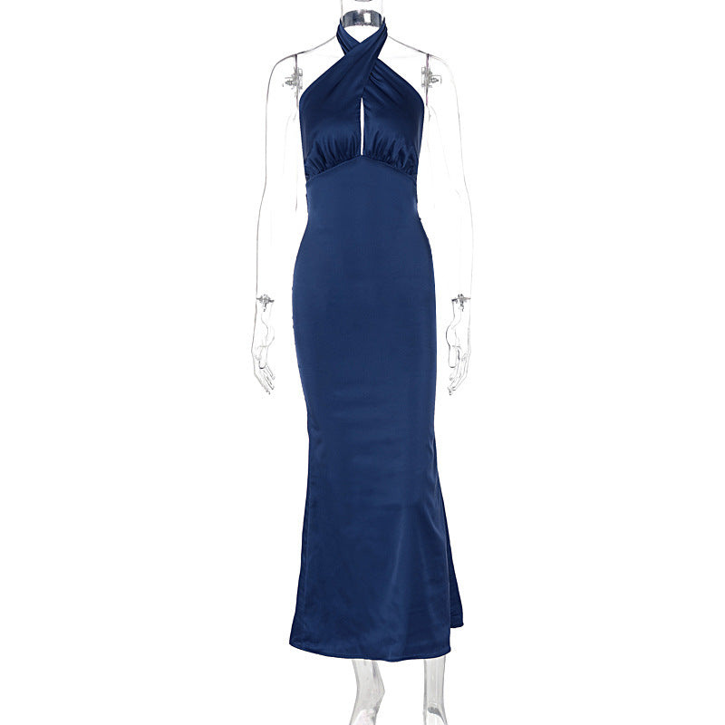 Brittany Cross Halter Satin Bodycon Maxi Dress – Elegant Evening Gown | Sculpted satin Evening Party dress