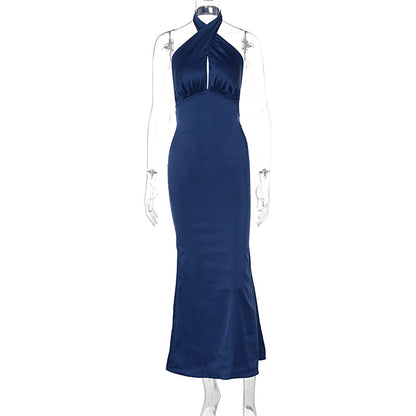 Brittany Cross Halter Satin Bodycon Maxi Dress – Elegant Evening Gown | Sculpted satin Evening Party dress