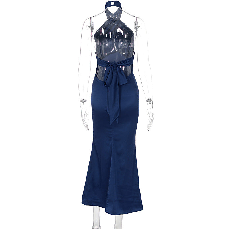 Brittany Cross Halter Satin Bodycon Maxi Dress – Elegant Evening Gown | Sculpted satin Evening Party dress