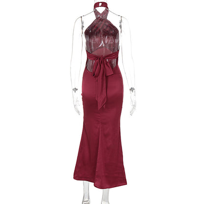 Brittany Cross Halter Satin Bodycon Maxi Dress – Elegant Evening Gown | Sculpted satin Evening Party dress