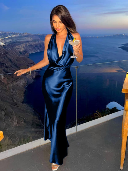 Elegant Midnight Blue Satin Halter Maxi Dress – Backless Wedding Guest, Prom & Cocktail Gown, satin halter maxi for cocktail party, Elevated Satin Halter-Neck Maxi Dress, Open-back tie bias-cut body skim, Plunging V halter neck shoulder frame, Smooth satin plunging neckline silhouette, Midnight blue high-shine satin halter-neck plunging bias-cut maxi for cocktail parties, resort dinners, evening galas.
