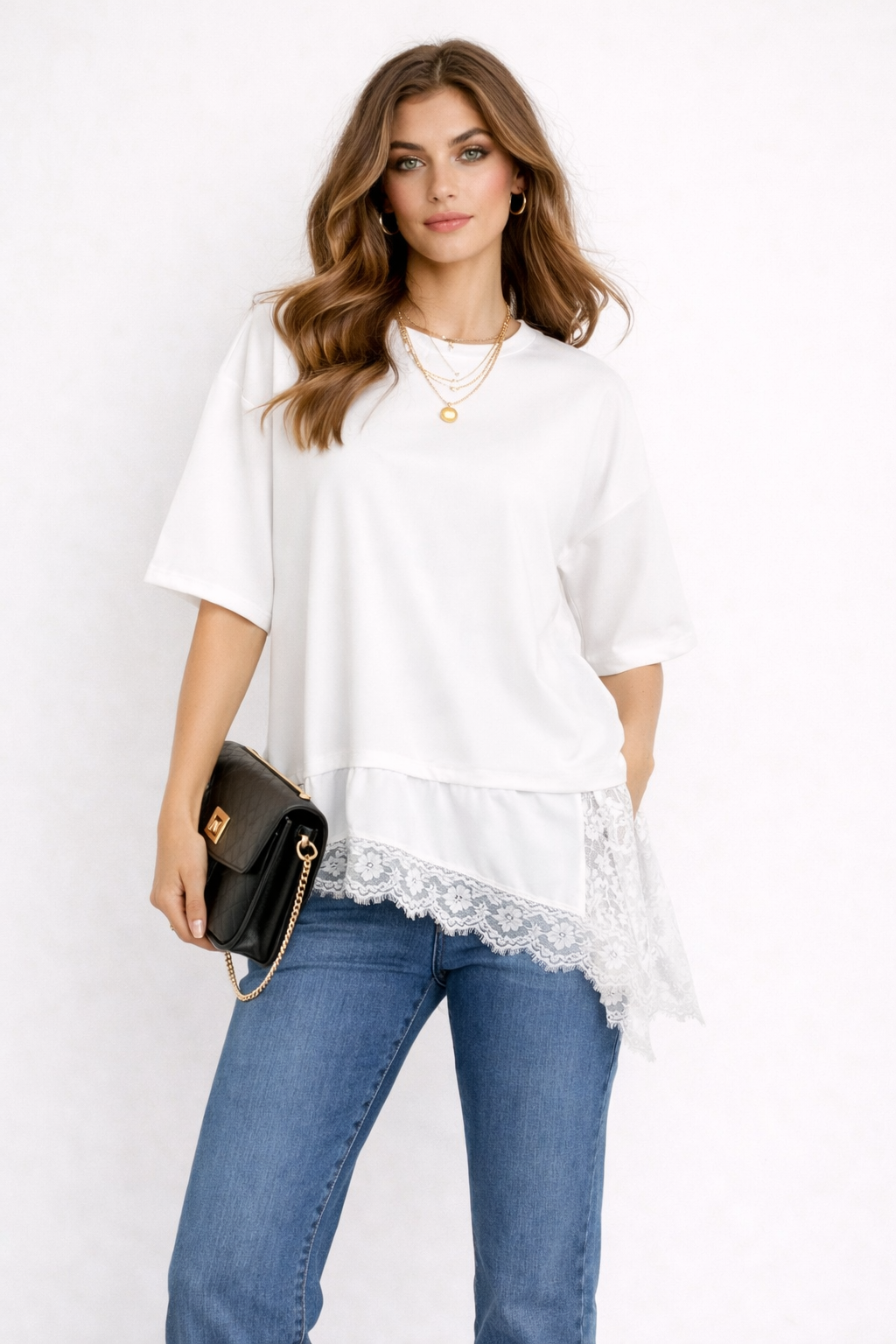 faux layered top women, satin lace hem top, Layered lace hem top for women, t shirt with satin lace hem women, soft cotton blend with satin underlayer and lace trim detail, oversized relaxed silhouette, oversized t shirt with lace hem outfit women, perfect for casual everyday styling, minimalist outfits women, smart casual outfits women.