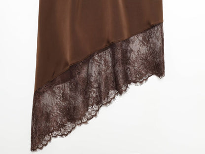 Amalfi High Neck Asymmetric Halter Lace-Hem Top | Elegant Satin Evening Halter Top