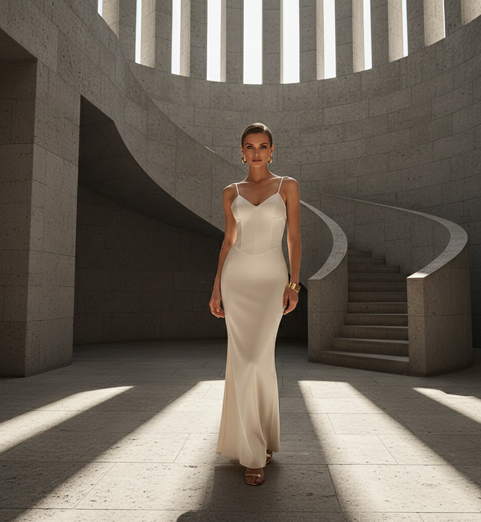 Satin maxi dress in champagne dress tone with satin fabric sheen, corset dress styling and column maxi dress silhouette, champagne satin maxi dress for wedding guest dress and engagement dress, Instagram worthy champagne gown, cocktail party satin maxi, budget satin wedding guest dress