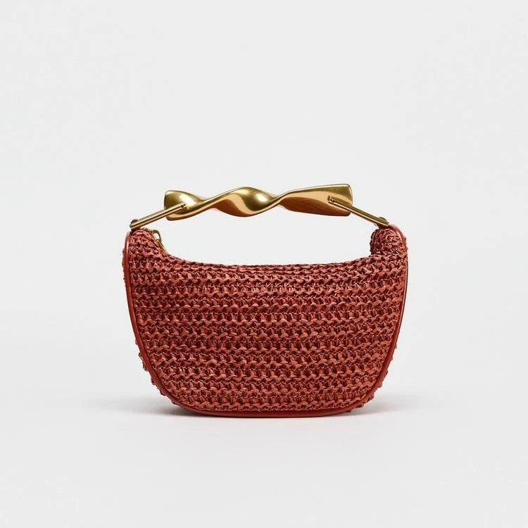 Crossbody woven bag, sculptural handle purse, terracotta shoulder bag for evening soiree handbag, lightweight designer look tote, straw sling bag, woven sling bag, bucket sling bag, crossbody straw sling bag, raffia sling bag, chic woven sling purse.