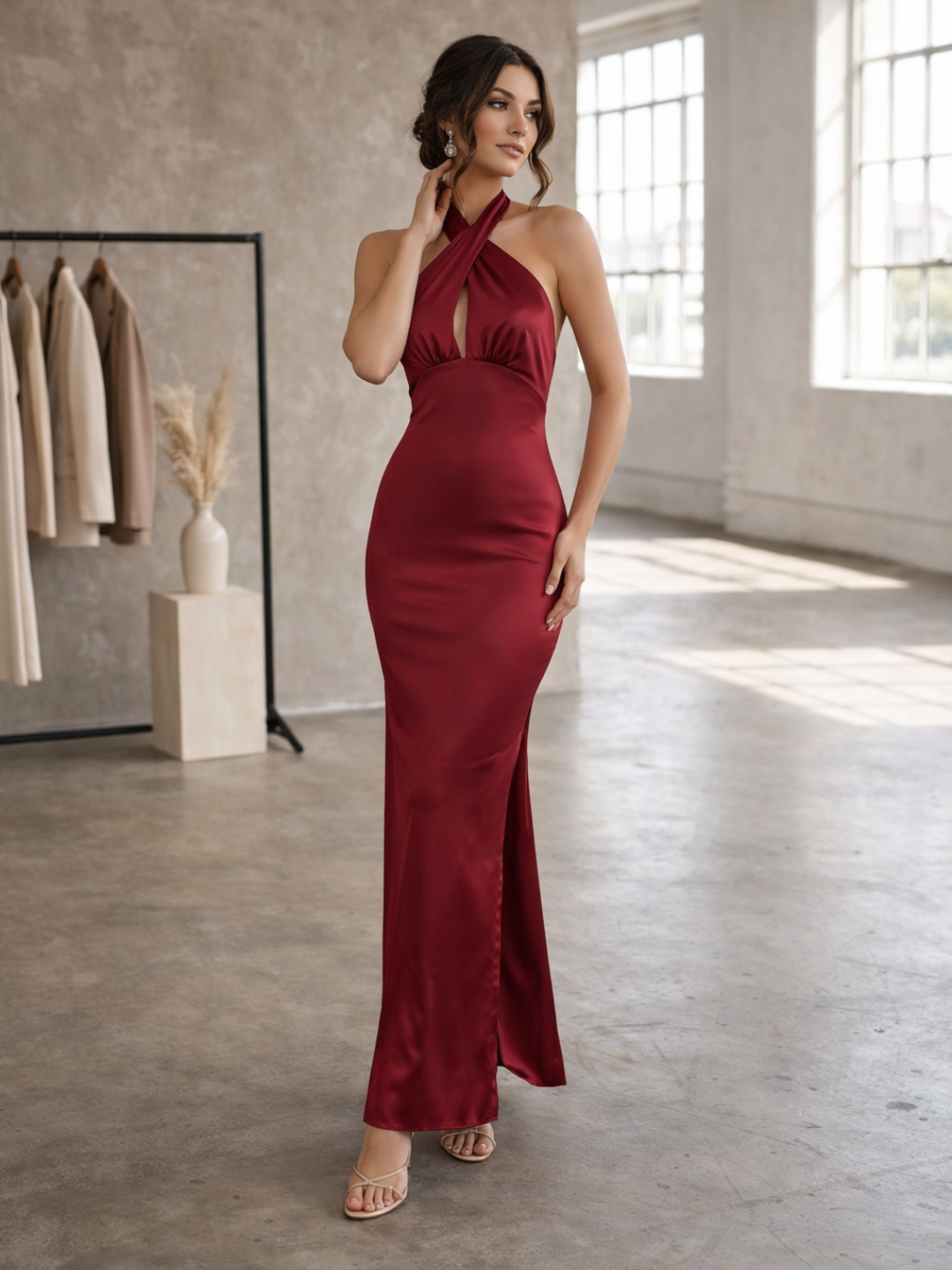 Cross Halter Satin Bodycon Maxi Dress – Elegant Evening Gown