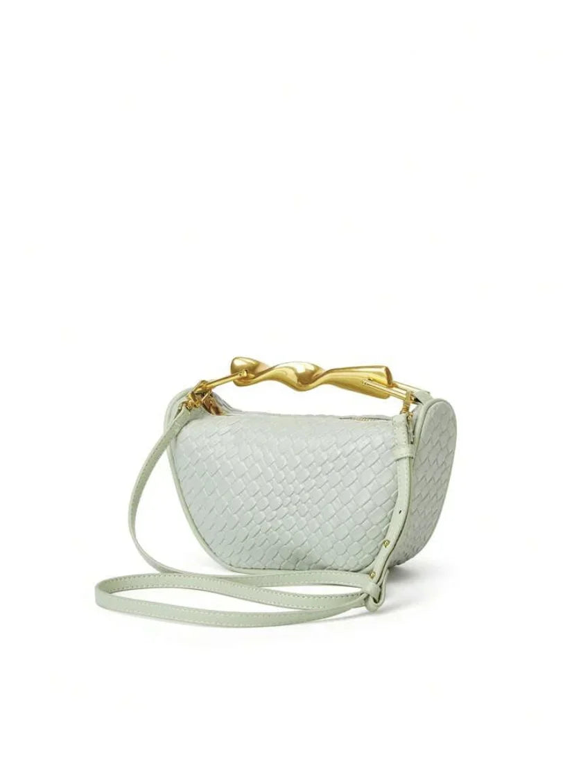 Sustainable woven tote purse for weddings or work, Pinterest-worthy sculpted handle purse, sculptural handle bucket bag, statement handle purse.