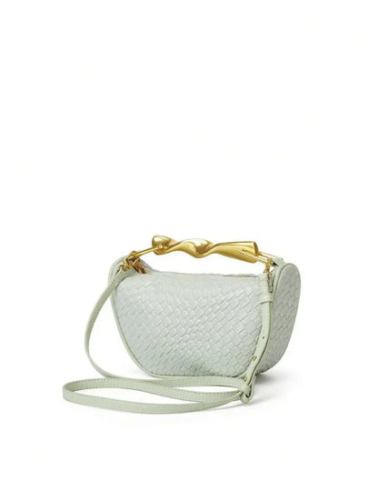 Sustainable woven tote purse for weddings or work, Pinterest-worthy sculpted handle purse, sculptural handle bucket bag, statement handle purse.