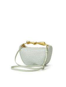 Sustainable woven tote purse for weddings or work, Pinterest-worthy sculpted handle purse, sculptural handle bucket bag, statement handle purse.