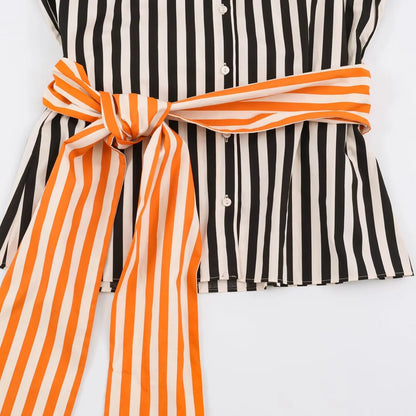 Boss Lady Black White Striped Shirt with Orange Waist Tie