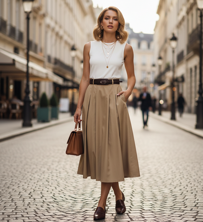womens midi dress, workwear midi dress, semi formal dress for women, Sleeveless pleated midi dress with belt and structured silhouette chic business casual outfit for women, perfect for formal office events and meetings, elevated basics women dress.