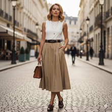 Load image into Gallery viewer, womens midi dress, workwear midi dress, semi formal dress for women, Sleeveless pleated midi dress with belt and structured silhouette chic business casual outfit for women, perfect for formal office events and meetings, elevated basics women dress.