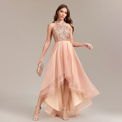 womens sparkly dress, gold sequin dress, sequin high low hem dress, tulle sequin party dress, halterneck party dress, cocktail dresses for summer weddings, sequin midi dress for cocktail party, evening dress for party, sequin midi dress, what to wear to a cocktail wedding.