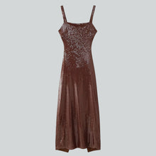 Load image into Gallery viewer, brown sequin midi dress, red carpet sequin dress, Sparkly brown sequin midi dress with thin straps and a slim silhouette, ideal for partywear, holiday fashion, cocktail outfits, and elegant evening looks for women who love shimmer, spaghetti strap sequin dress.