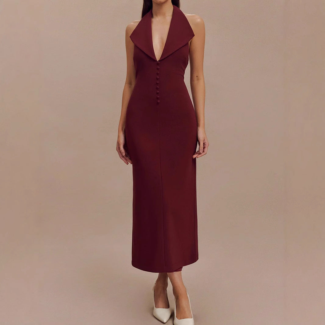 burgundy backless halter midi dress, bodycon midi dress, elegant halter neck dress, burgundy halter dress, burgundy dress, summer backless dress, halter midi dress, formal midi dress, sheath dresses for women, luxury fashion dress, timeless midi dress, backless halterneck midi dress for women.