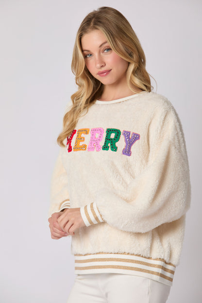 cute holiday sweatshirt women, sequin sweatshirt for women, christmas sequin sweater, Oversized balloon sleeve sequin sweatshirt for women in crea. fuzzy sherpa fabric festive, comfy, and chic for Christmas parties or winter travel outfits, embroidered sweatshirt women, statement sequin sweater women, drop shoulder sweatshirt.