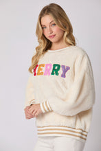 Load image into Gallery viewer, cute holiday sweatshirt women, sequin sweatshirt for women, christmas sequin sweater, Oversized balloon sleeve sequin sweatshirt for women in crea. fuzzy sherpa fabric festive, comfy, and chic for Christmas parties or winter travel outfits, embroidered sweatshirt women, statement sequin sweater women, drop shoulder sweatshirt.