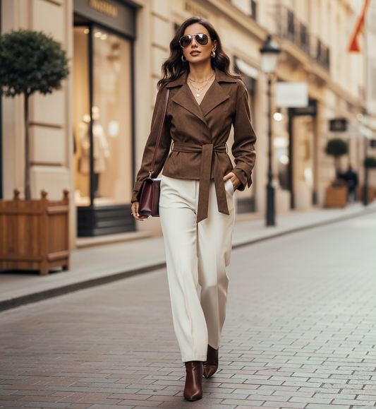 short trench coat, Suede trench coat women in rich cognac brown, short belted suede jacket women style for fall suede trench coat outfit and workwear trench coat women look, quiet luxury suede jacket aesthetic.