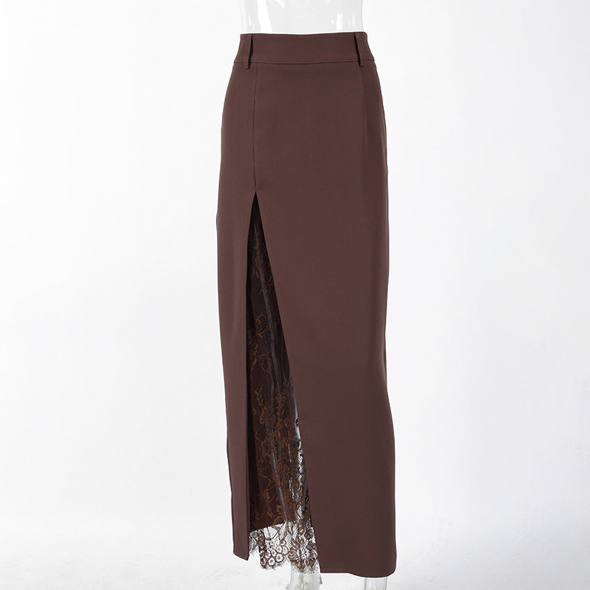 Berlin High Waisted Tailored Midi Skirt with Lace panel | High Slit Pencil Midi Skirt