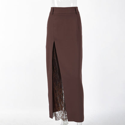Berlin High Waisted Tailored Midi Skirt with Lace panel | High Slit Pencil Midi Skirt