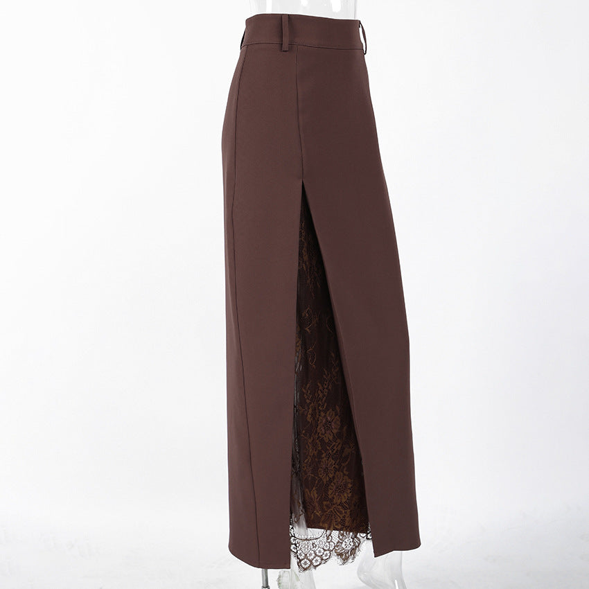 Berlin High Waisted Tailored Midi Skirt with Lace panel | High Slit Pencil Midi Skirt