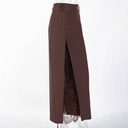 Berlin High Waisted Tailored Midi Skirt with Lace panel | High Slit Pencil Midi Skirt