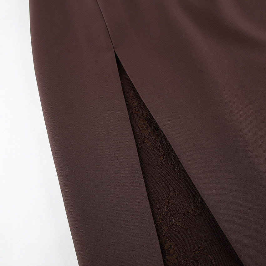Berlin High Waisted Tailored Midi Skirt with Lace panel | High Slit Pencil Midi Skirt