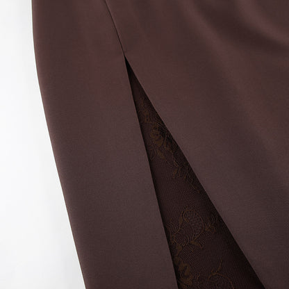 Berlin High Waisted Tailored Midi Skirt with Lace panel | High Slit Pencil Midi Skirt