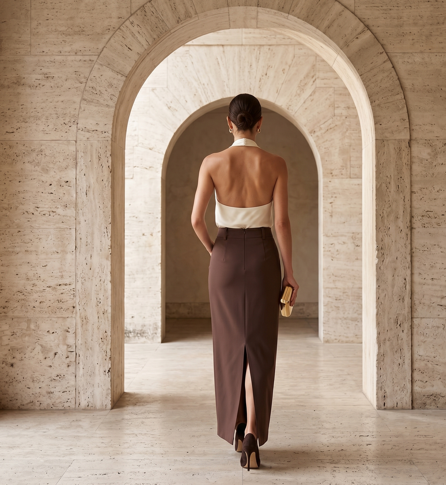 Elegant slit midi skirt in premium woven fabric with a tailored high waist fit, Pinterest aesthetic workwear skirt for classy women over 30 outfits.