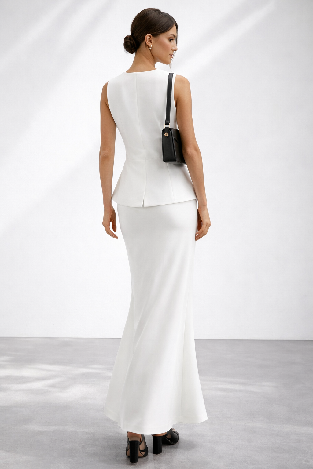 summer office outfit sets, white two piece skirt set, button front vest skirt coord.