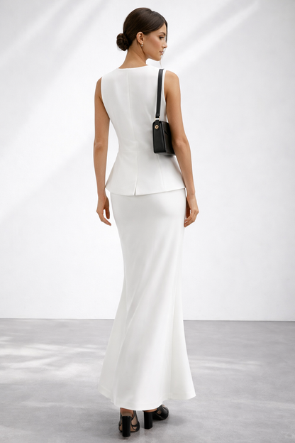 summer office outfit sets, white two piece skirt set, button front vest skirt coord.