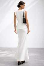 Load image into Gallery viewer, summer office outfit sets, white two piece skirt set, button front vest skirt coord.