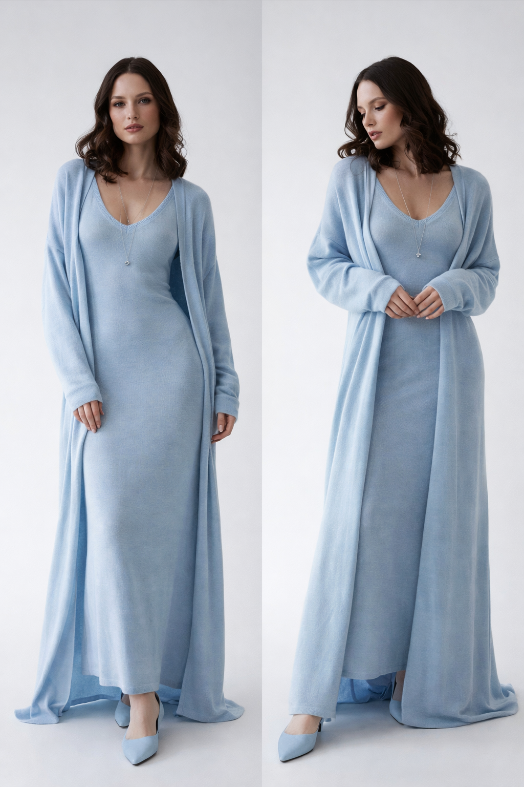 knit maxi co-ord set, two piece maxi dress, longline cardigan outfit set, outfit set women, business casual knit dress, knit maxi dress and cardigan set, quiet luxury knit maxi, Knit dress set with long cardigan layering in premium knit fabric, sleeveless maxi dress structure and classy casual maxi styling, comfy knit maxi dress set for work-appropriate knit maxi set.