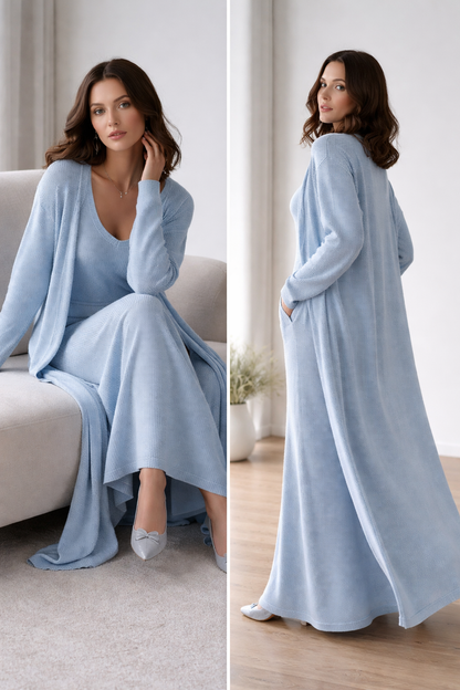 sky blue longline cardigan and knit maxi outfit set, knit dress set, two piece maxi outfit set women, quiet luxury knit, old money casual co-ord set, V-neck knit co-ord, Cozy luxury knit set, Versatile Soft Knit Maxi Dress and Matching Longline Cardigan Outfit Set Co-Ord, classy casual set.
