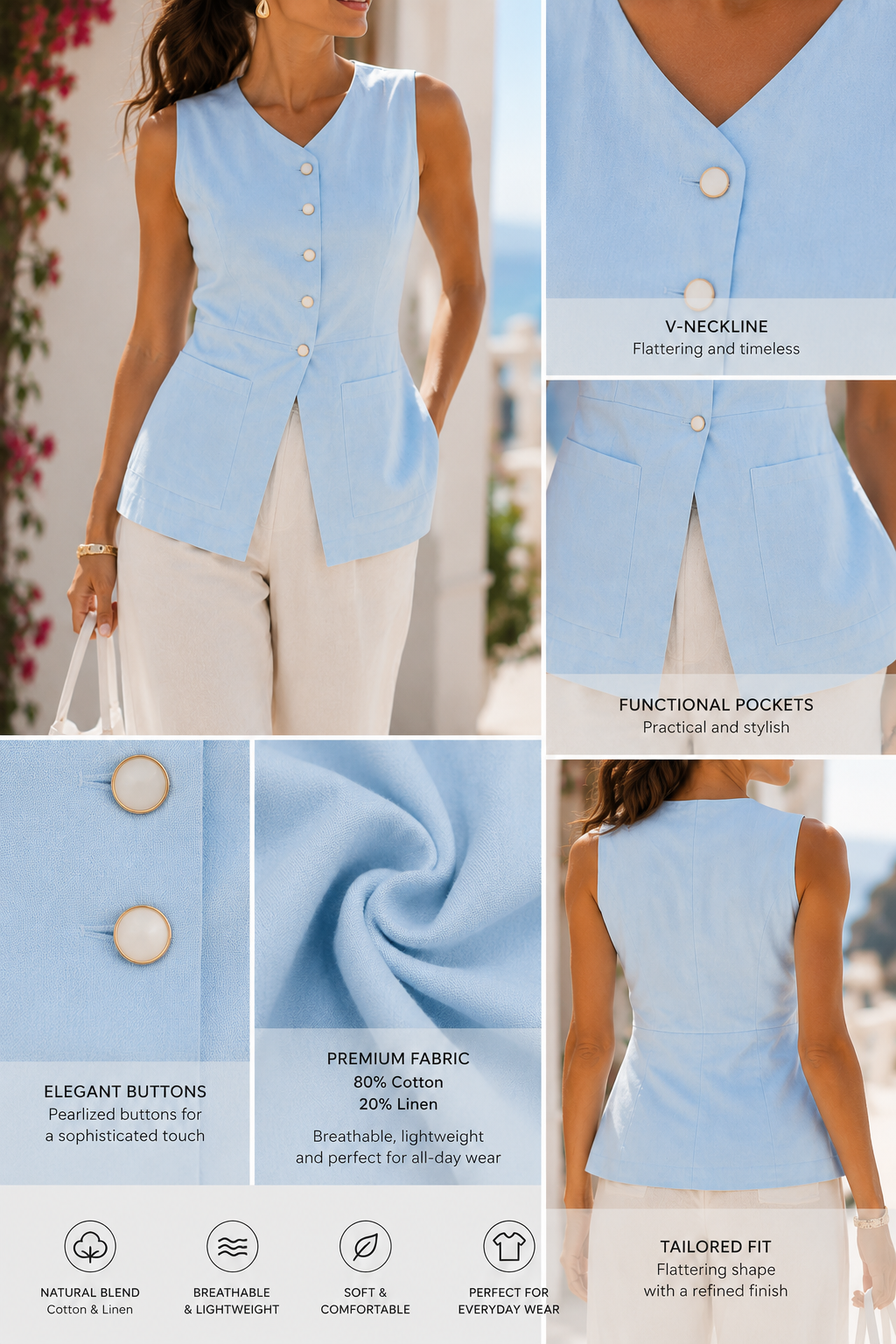 Cotton linen blend vest with a structured waist, round neckline, princess seam construction, and statement button detail, styled as a smart casual vest women for work-to-weekend dressing and everyday elevated outfits. 