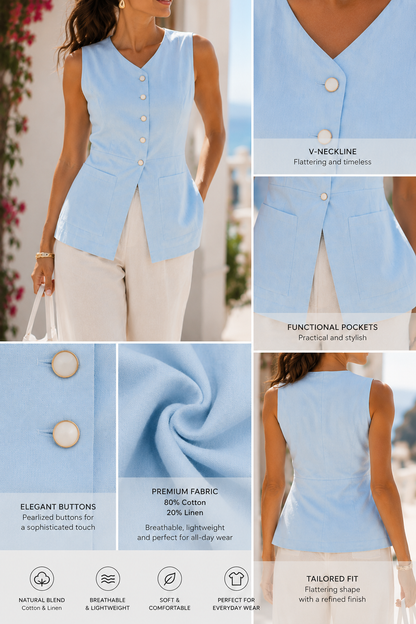 Cotton linen blend vest with a structured waist, round neckline, princess seam construction, and statement button detail, styled as a smart casual vest women for work-to-weekend dressing and everyday elevated outfits. 