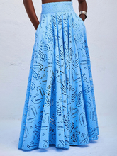 Load image into Gallery viewer, eyelet lace dress, what to wear to a summer vacation or beach wedding, eyelet crop top and maxi skirt set, stylish summer co-ord set for women over 30, chic two piece outfit for brunch or holiday, best co-ord sets for weddings, parties, and events, elegant crop top and skirt set for women, blue lace co-ord set for birthday or resort look, matching top and long skirt set for women, cute outfit with pockets for warm weather, sleeveless summer co-ord for travel or events.