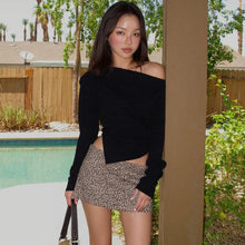 Load image into Gallery viewer, Women’s asymmetrical off-shoulder top, slim fit draped blouse with angular hemline, perfect minimalist cocktail outfit and Pinterest-inspired chic travel wardrobe.