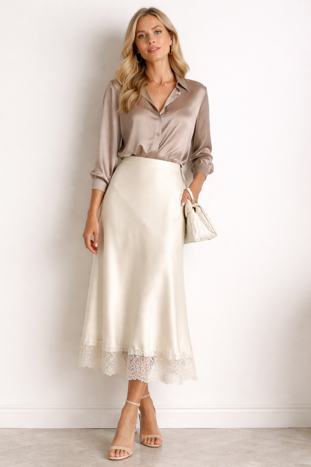 ivory midi skirt lace hem, lace trim tailored satin skirt, ivory cream satin midi skirt with lace hem, slim fit midi skirt, soft flowy satin texture with slim bias cut silhouette, high waisted satin skirt, satin skirt for petite women, business casual skirt, Satin Lace Trim Skirt Women Midi Length High Waisted Elegant Skirt Outfit