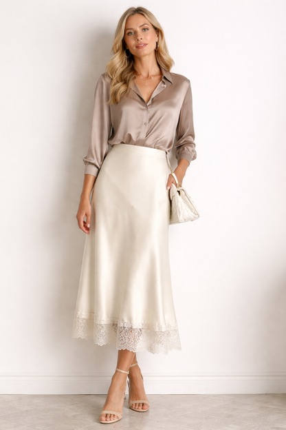 ivory midi skirt lace hem, lace trim tailored satin skirt, ivory cream satin midi skirt with lace hem, slim fit midi skirt, soft flowy satin texture with slim bias cut silhouette, high waisted satin skirt, satin skirt for petite women, business casual skirt, Satin Lace Trim Skirt Women Midi Length High Waisted Elegant Skirt Outfit
