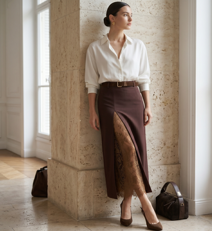 midi pencil skirt, high waist lace midi skirt, slit midi skirt, Tailored lace insert midi skirt in smooth structured fabric with a sleek pencil cut, expensive-looking office skirt for quiet luxury capsule wardrobes, women’s workwear skirt, classy workwear women.