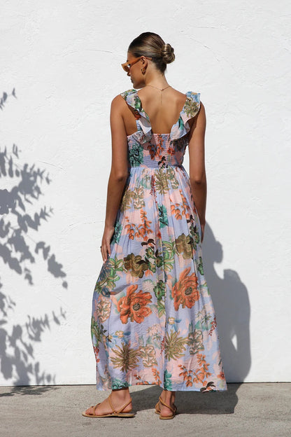 Sexy Sling floral print Island Dress Beach Dress, resort wear dresses, vacation dresses for women, boho floral dress, ruffle maxi dress, maxi sundress, flowy maxi sundress, boho maxi dress, beach maxi dress, vacation dress, Spring fashion Europe, Boho summer dress UK.