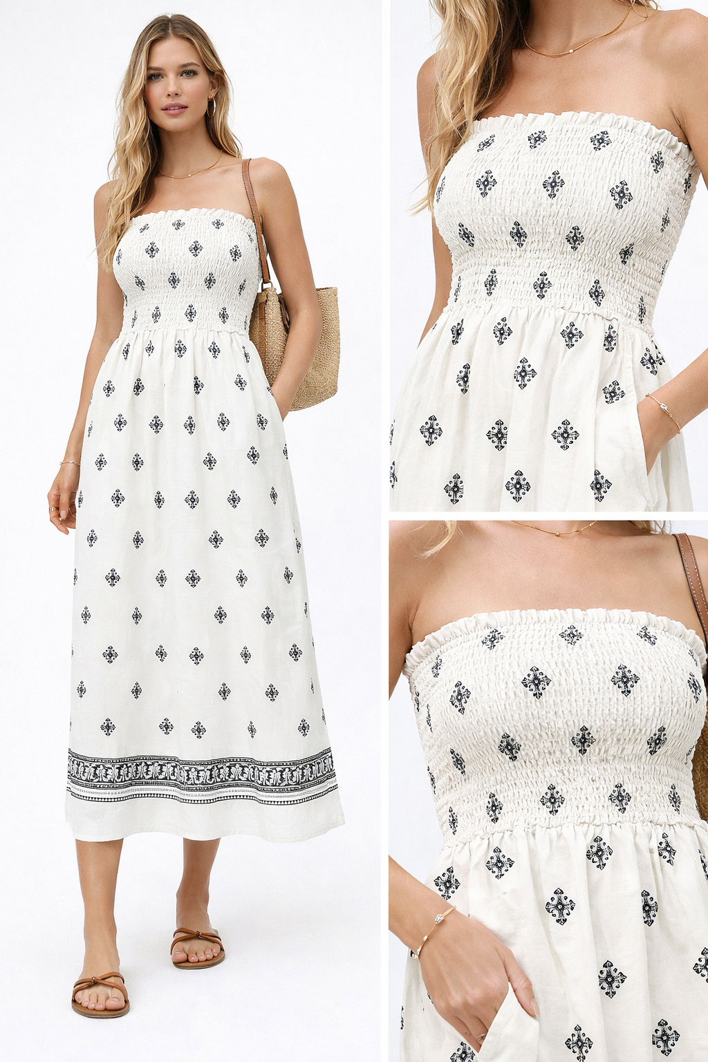 Cream lightweight woven smocked strapless bodice A-line printed midi skirt for summer vacations, brunches, resort evenings.